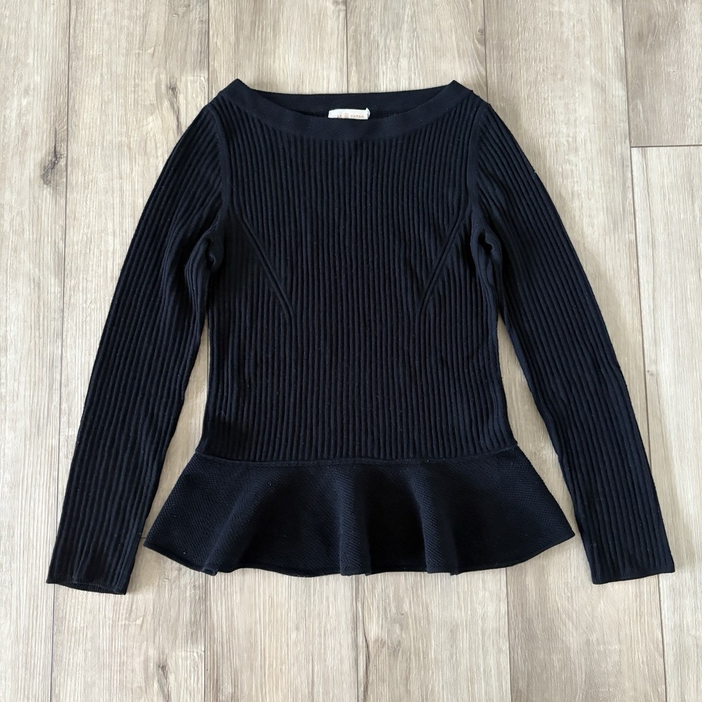 Tory Burch Ramona Solid Black Merino Wool Sweater Sz Medium Peplum Long Sleeves